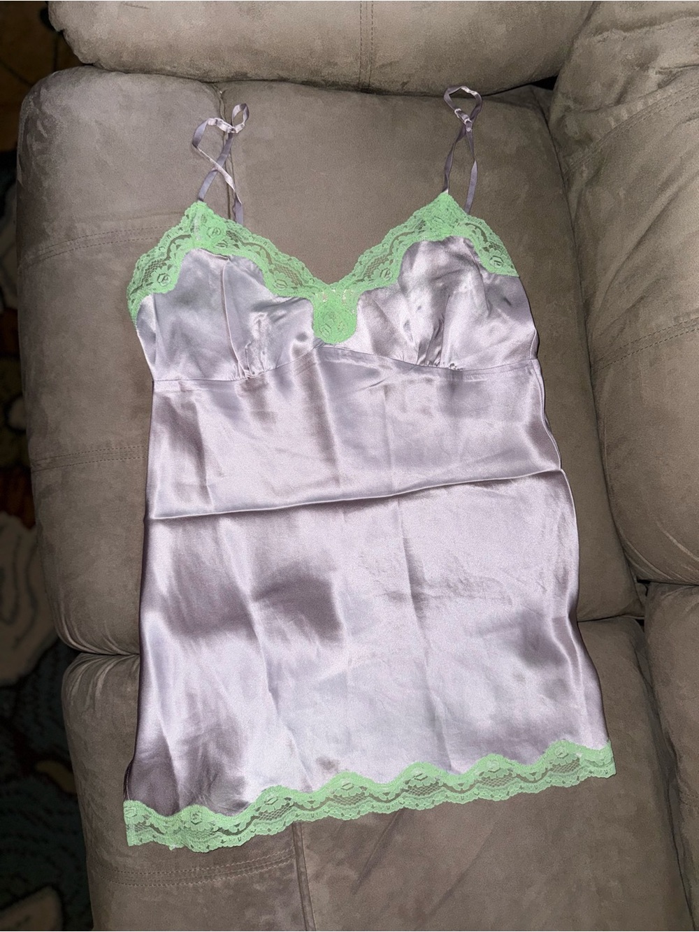 Gold Hawk 100 % silk Lavender Slip Dress with Mint Lace Trim NWT